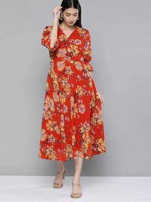 Orange printed georgette short-dresses 1