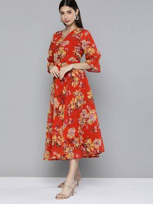 Orange printed georgette short-dresses 3