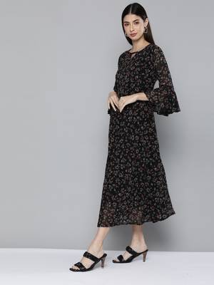 Black printed georgette short-dresses 3