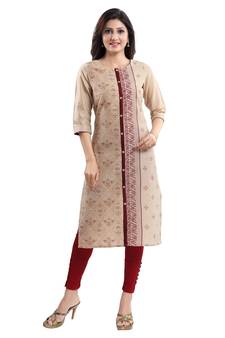 Beige printed cotton silk kurtas-and-kurtis