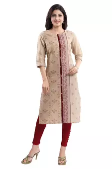 Beige printed cotton silk kurtas-and-kurtis
