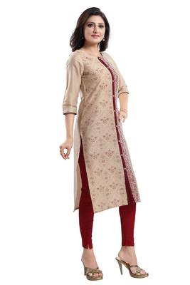 Beige printed cotton silk kurtas-and-kurtis 3