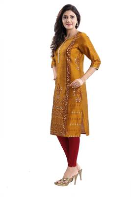 Mustard printed dupion silk kurtas-and-kurtis 3