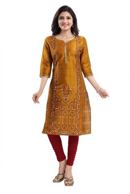 Mustard printed dupion silk kurtas-and-kurtis 4