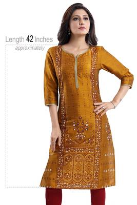 Mustard printed dupion silk kurtas-and-kurtis 5