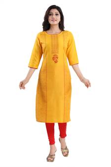 Yellow printed cotton silk kurtas-and-kurtis