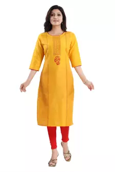 Yellow printed cotton silk kurtas-and-kurtis