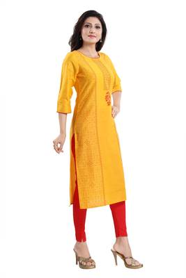 Yellow printed cotton silk kurtas-and-kurtis 3