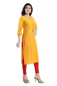 Yellow printed cotton silk kurtas-and-kurtis