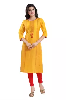 Yellow printed cotton silk kurtas-and-kurtis