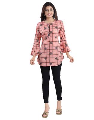 Peach printed crepe short-kurtis 1
