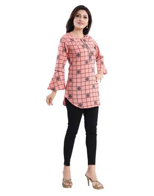 Peach printed crepe short-kurtis 3