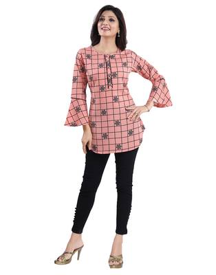 Peach printed crepe short-kurtis 5