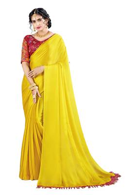 Yellow plain chiffon saree with blouse 1