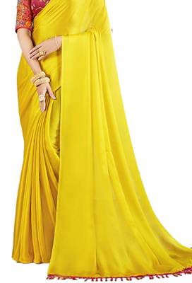 Yellow plain chiffon saree with blouse 2