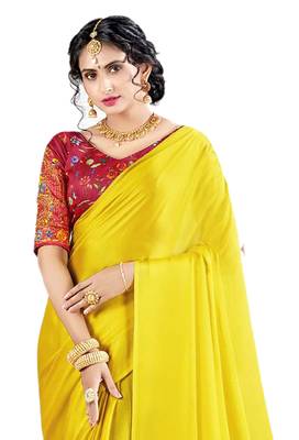 Yellow plain chiffon saree with blouse 3