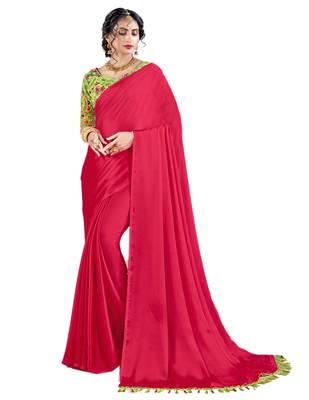 Pink plain chiffon saree with blouse 1