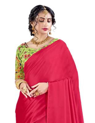 Pink plain chiffon saree with blouse 3
