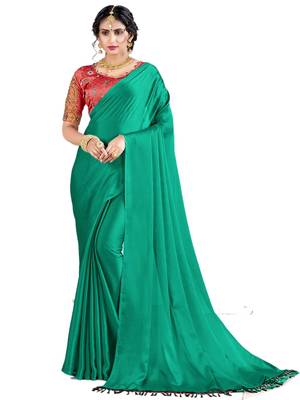 Green plain chiffon saree with blouse 1