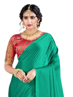 Green plain chiffon saree with blouse 3