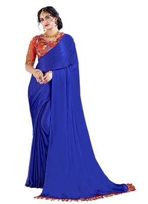Royal blue plain chiffon saree with blouse 1