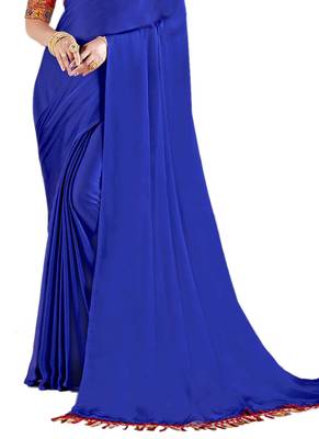 Royal blue plain chiffon saree with blouse 2