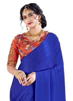 Royal blue plain chiffon saree with blouse 3