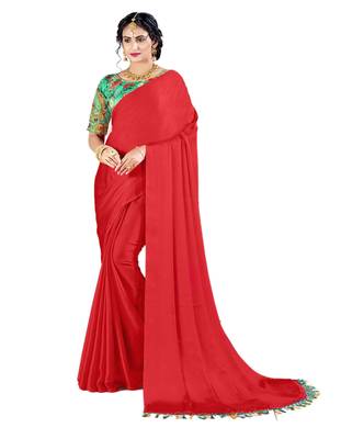 Red plain chiffon saree with blouse 1