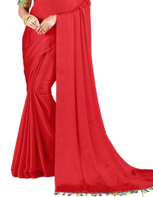 Red plain chiffon saree with blouse 2