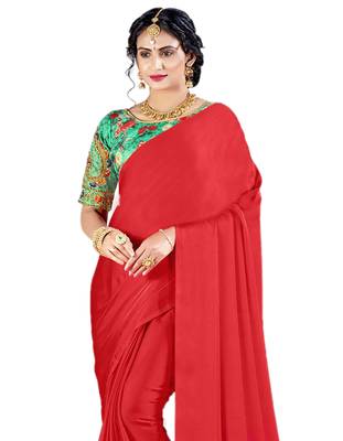 Red plain chiffon saree with blouse 3