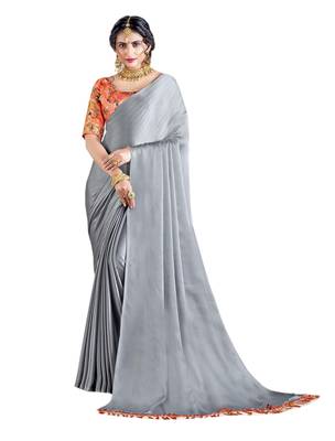 Grey plain chiffon saree with blouse 1