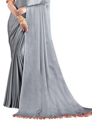 Grey plain chiffon saree with blouse 2
