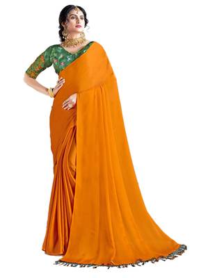 Orange plain chiffon saree with blouse 1
