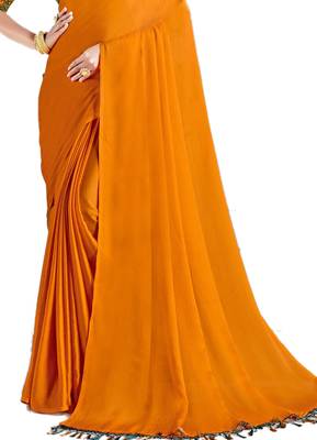 Orange plain chiffon saree with blouse 2