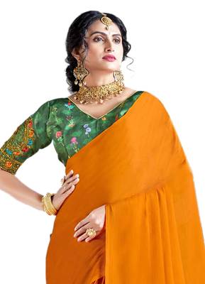 Orange plain chiffon saree with blouse 3