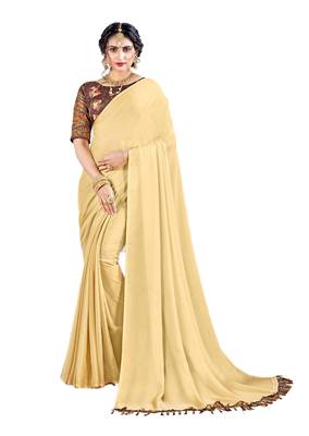 Beige plain chiffon saree with blouse 1