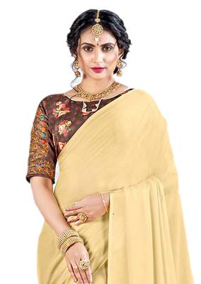 Beige plain chiffon saree with blouse 3