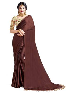 Brown plain chiffon saree with blouse 1