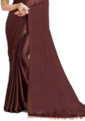 Brown plain chiffon saree with blouse 2