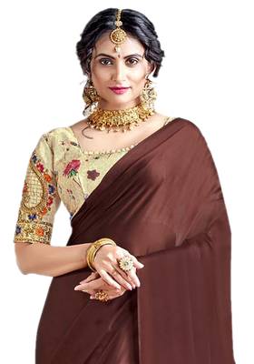 Brown plain chiffon saree with blouse 3