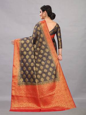 Black woven art silksaree with blouse 4