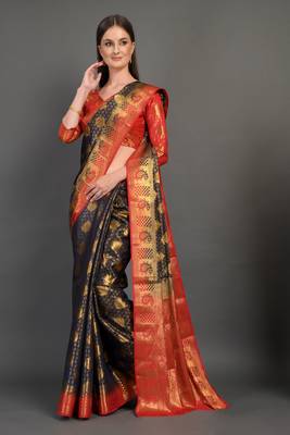 Blue woven art silksaree with blouse 4