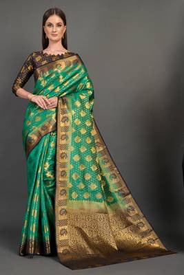 Sea green woven art silksaree with blouse 1