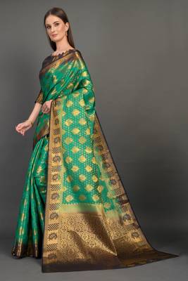 Sea green woven art silksaree with blouse 2