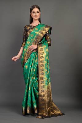 Sea green woven art silksaree with blouse 4