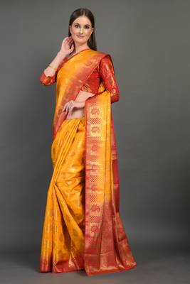 Yellow woven art silksaree with blouse 4