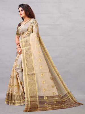 Cream woven art silksaree with blouse 3