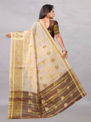 Cream woven art silksaree with blouse 4