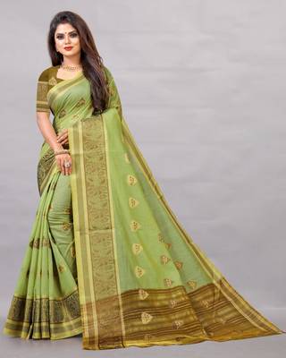 Green woven art silksaree with blouse 1