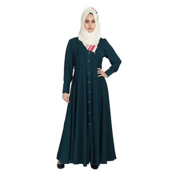 Premium Quality Creep/ Koshibo fabric Cuff Sleeves Umbrella type Abaya front Show buttons   With Hijab (Teal Green) 1